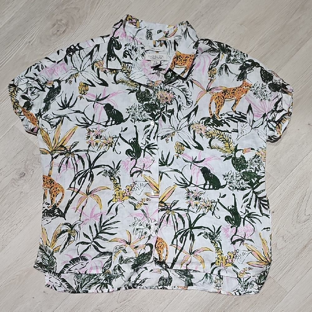 Rachel Zoe 100% Linen Jungle Print Button Down Shirt